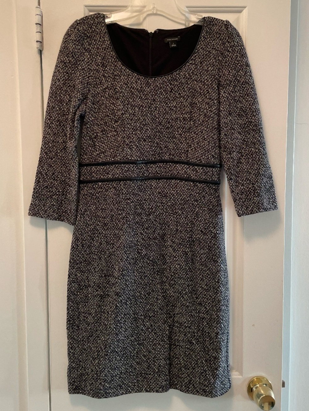 Ann Taylor Black & White Metallic Tweed Faux Leather Trim Sheath Dress Size 4